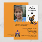 Cat and Owl Halloween Birthday Photo Invitation Kaart (Voorkant / Achterkant)