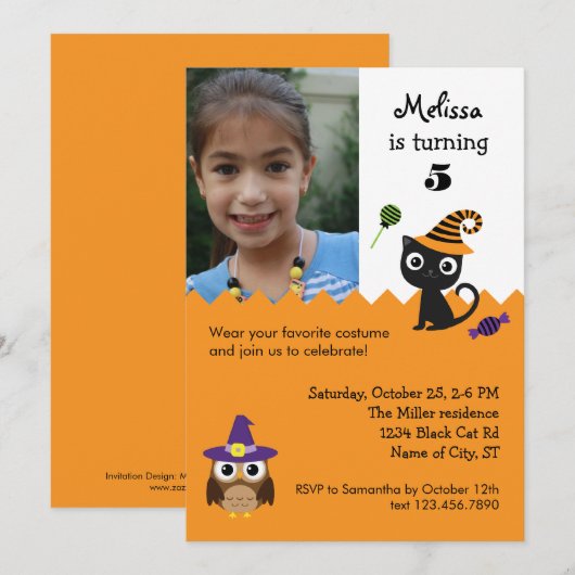 Cat and Owl Halloween Birthday Photo Invitation Kaart (Voorkant / Achterkant)