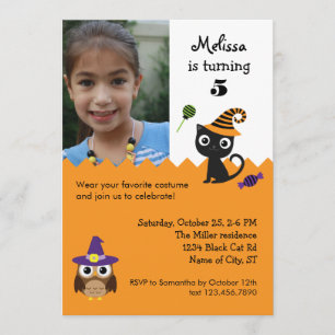 Cat and Owl Halloween Birthday Photo Invitation Kaart