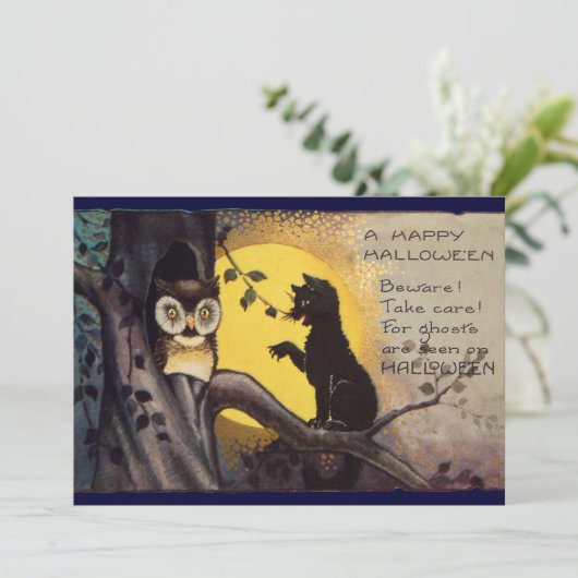 Cat and Owl  Halloween-feestuitnodiging Kaart (Staand voorkant)