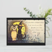 Cat and Owl  Halloween-feestuitnodiging Kaart (Staand voorkant)