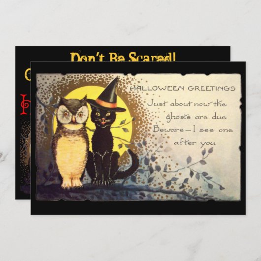 Cat and Owl  Halloween-feestuitnodiging Kaart (Voorkant / Achterkant)