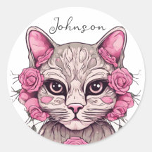 Cat and Pink Roses Sticker Envelope Seal Floral