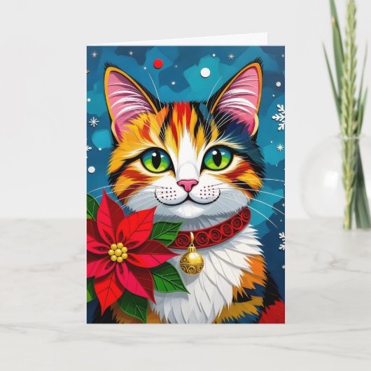 Cat and Poinsettia Personalized Christmas Feestdagen Kaart (Voorkant)