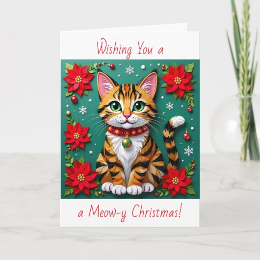Cat and Poinsettia Personalized Christmas Feestdagen Kaart (Voorkant)