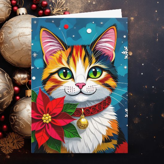 Cat and Poinsettia Personalized Christmas Feestdagen Kaart
