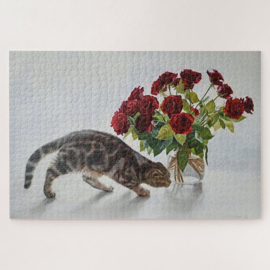 Cat and Red Roses – Realistic Oil Painting Print Legpuzzel (Horizontaal)