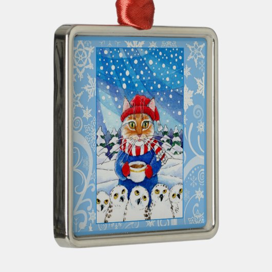 Cat and snowy owls, snow ornament (Rechts)