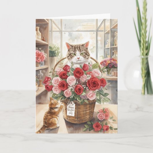 Cat arranging flower roses basket Valentine's Day Kaart (Voorkant)