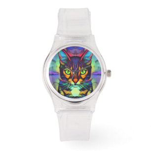 CAT ART COLORFUL PINK WRIST WATCH HORLOGE