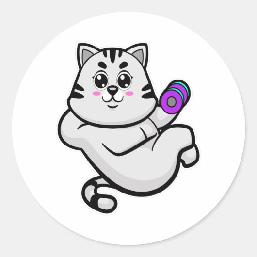 Cat as Bodybuilder with Dumbbell Ronde Sticker (Voorkant)