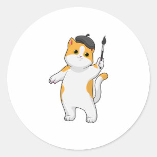Cat as Painter with Paint brush Ronde Sticker