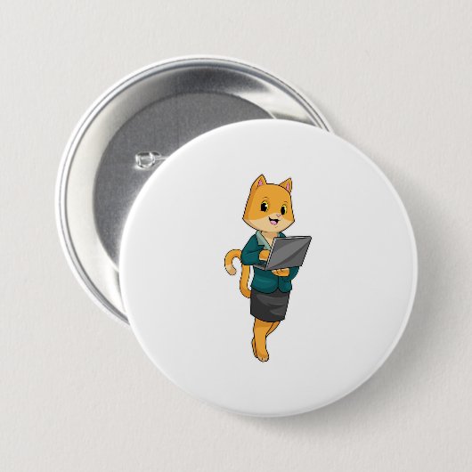 Cat as Secretary with Laptop Ronde Button 7,6 Cm (Voorkant /achterkant)