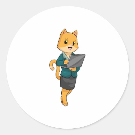 Cat as Secretary with Laptop Ronde Sticker (Voorkant)