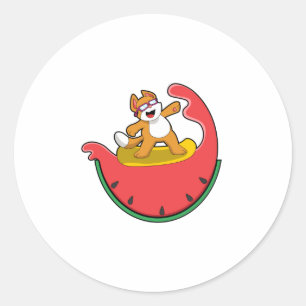 Cat as Surfer with Watermelon Ronde Sticker