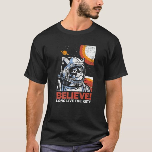 Cat Astronaut Believe for Space Kitten  Distressed T-shirt (Voorkant)