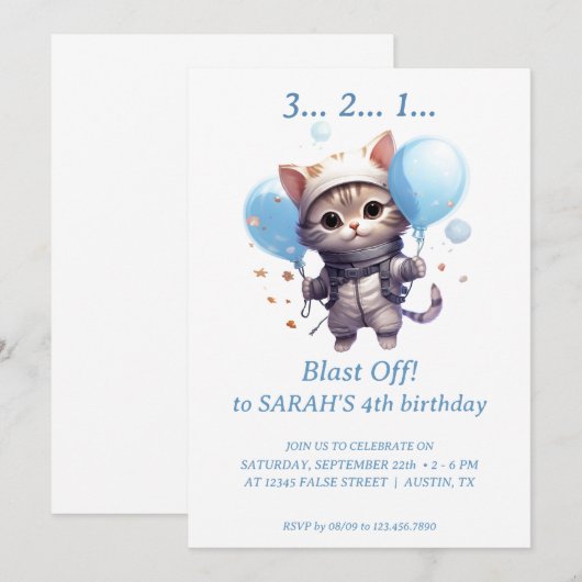 Cat Astronaut voor kinderen: Uitnodiging voor verj (Voorkant / Achterkant)