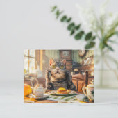Cat at breakfast table with croissants and juice feestdagenkaart (Staand voorkant)