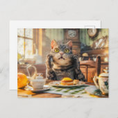 Cat at breakfast table with croissants and juice feestdagenkaart (Voorkant / Achterkant)