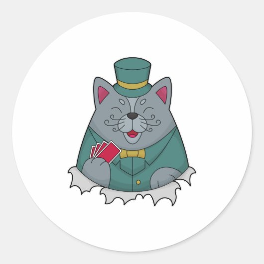 Cat at Poker with Poker cards Ronde Sticker (Voorkant)