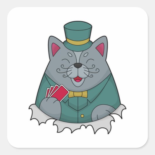 Cat at Poker with Poker cards Vierkante Sticker (Voorkant)