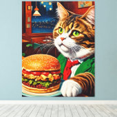 Cat at the Diner Bestel een Cheeseburger Canvas Afdruk (Insitu (Houten vloer))