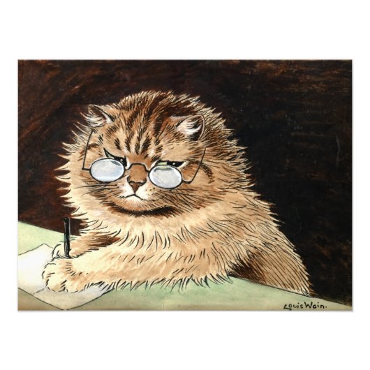 Cat at work with glasses by Louis Wain Foto Afdruk (Voorkant)