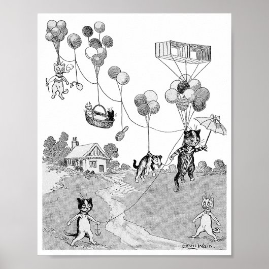 Cat Balloon Trip, Louis Wain Poster (Voorkant)