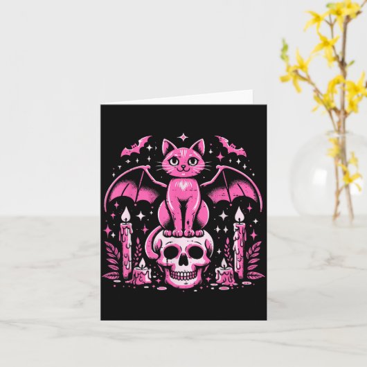 Cat Bat On Skull Halloween Costume Goth Women Girl Kaart (Gele Bloem)