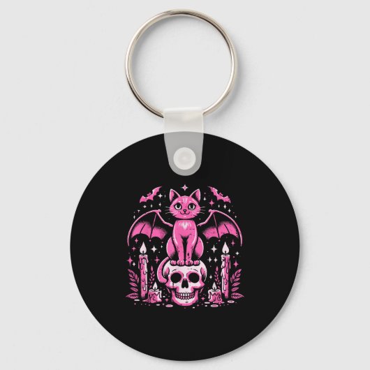 Cat Bat On Skull Halloween Costume Goth Women Girl Sleutelhanger (Voorkant)