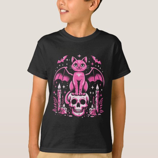 Cat Bat On Skull Halloween Costume Goth Women Girl T-shirt (Voorkant)