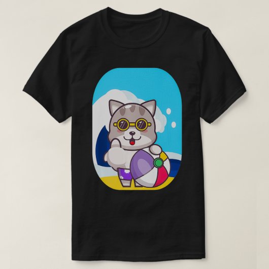 Cat Beach Zee Waves Tea Anime Neko Chibi sleep T-shirt (Design voorkant)