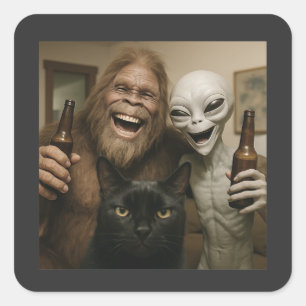 Cat Bigfoot Alien Selfie BFF Grappige Foto met UFO Vierkante Sticker