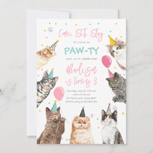 Cat Birthday Invitation Kitten Party Pawty Girl Kaart (Voorkant)