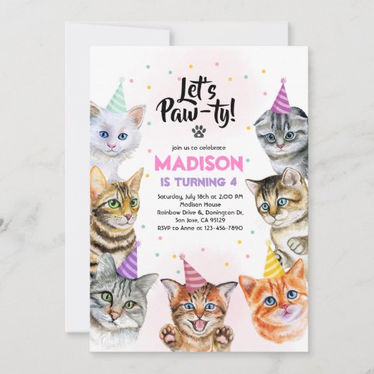 Cat Birthday Invitation Kitten Party Pawty Girl Kaart (Voorkant)