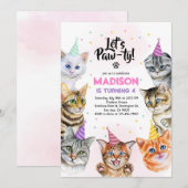 Cat Birthday Invitation Kitten Party Pawty Girl Kaart (Voorkant / Achterkant)