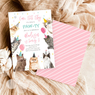 Cat Birthday Invitation Kitten Party Pawty Girl Kaart