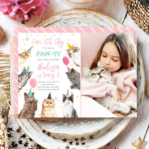 Cat Birthday Invitation Kitten Party Pawty Girl Kaart