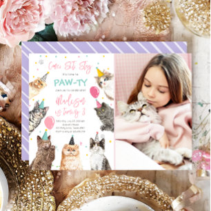 Cat Birthday Invitation Kitten Party Pawty Girl Kaart