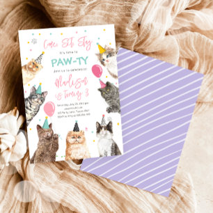 Cat Birthday Invitation Kitten Party Pawty Girl Kaart