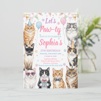 Cat Birthday Invitation Kitten Party Pawty Girl Kaart