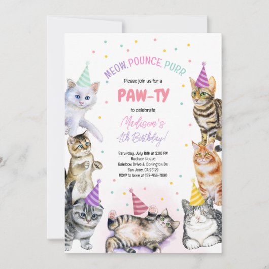 Cat Birthday Invitation Kitten Party Pawty Girl Kaart (Voorkant)