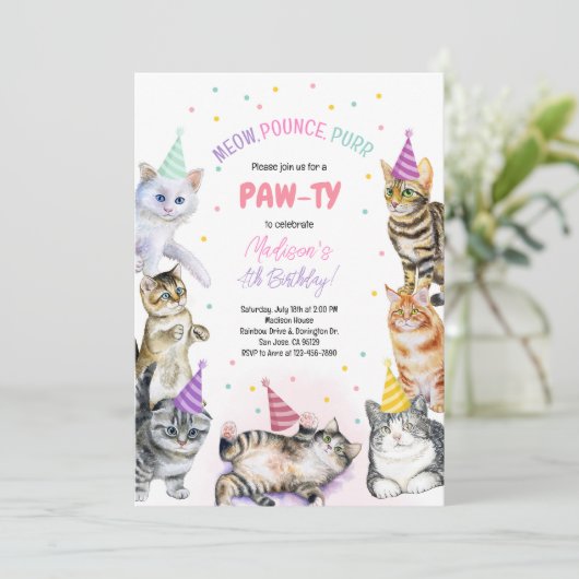 Cat Birthday Invitation Kitten Party Pawty Girl Kaart (Staand voorkant)