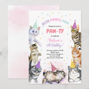 Cat Birthday Invitation Kitten Party Pawty Girl Kaart