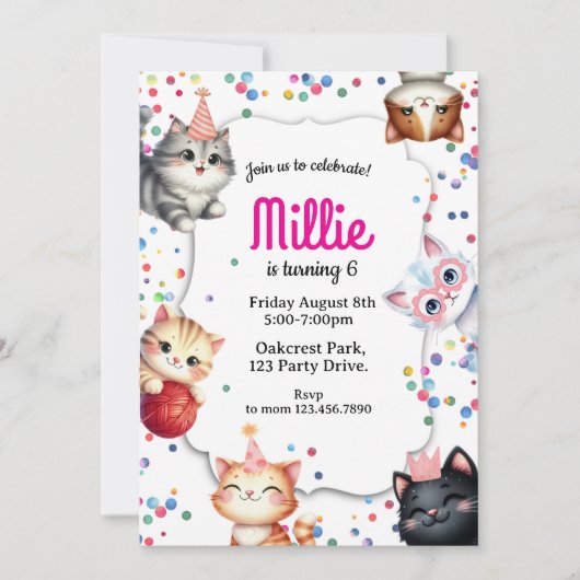cat birthday invitation, kitty party invite kaart (Voorkant)