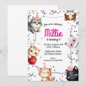 cat birthday invitation, kitty party invite kaart (Voorkant / Achterkant)