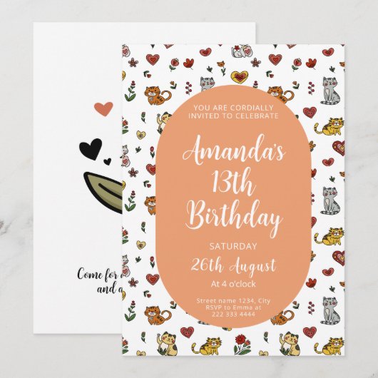 Cat Birthday Invite - Schattigee feestkunst Kaart (Voorkant / Achterkant)