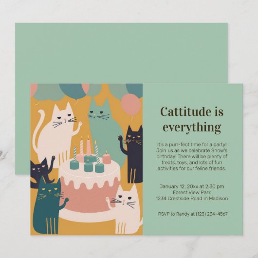 Cat Birthday Party Invitation Kaart (Voorkant / Achterkant)