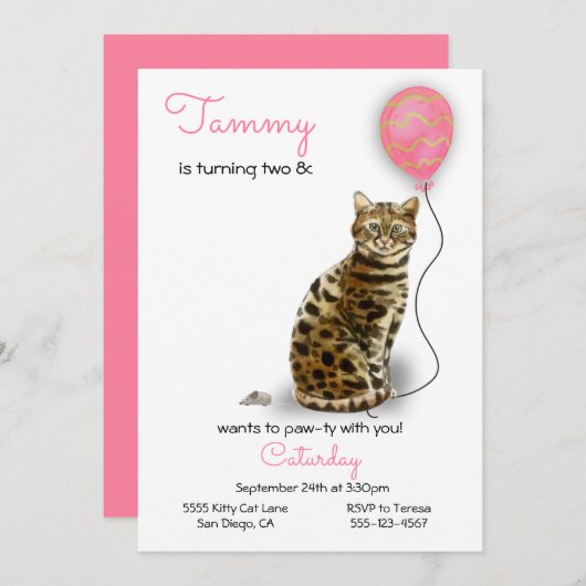 Cat Birthday Party Invitation Kaart (Voorkant / Achterkant)