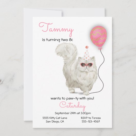 Cat Birthday Party Invitation Kaart (Voorkant)
